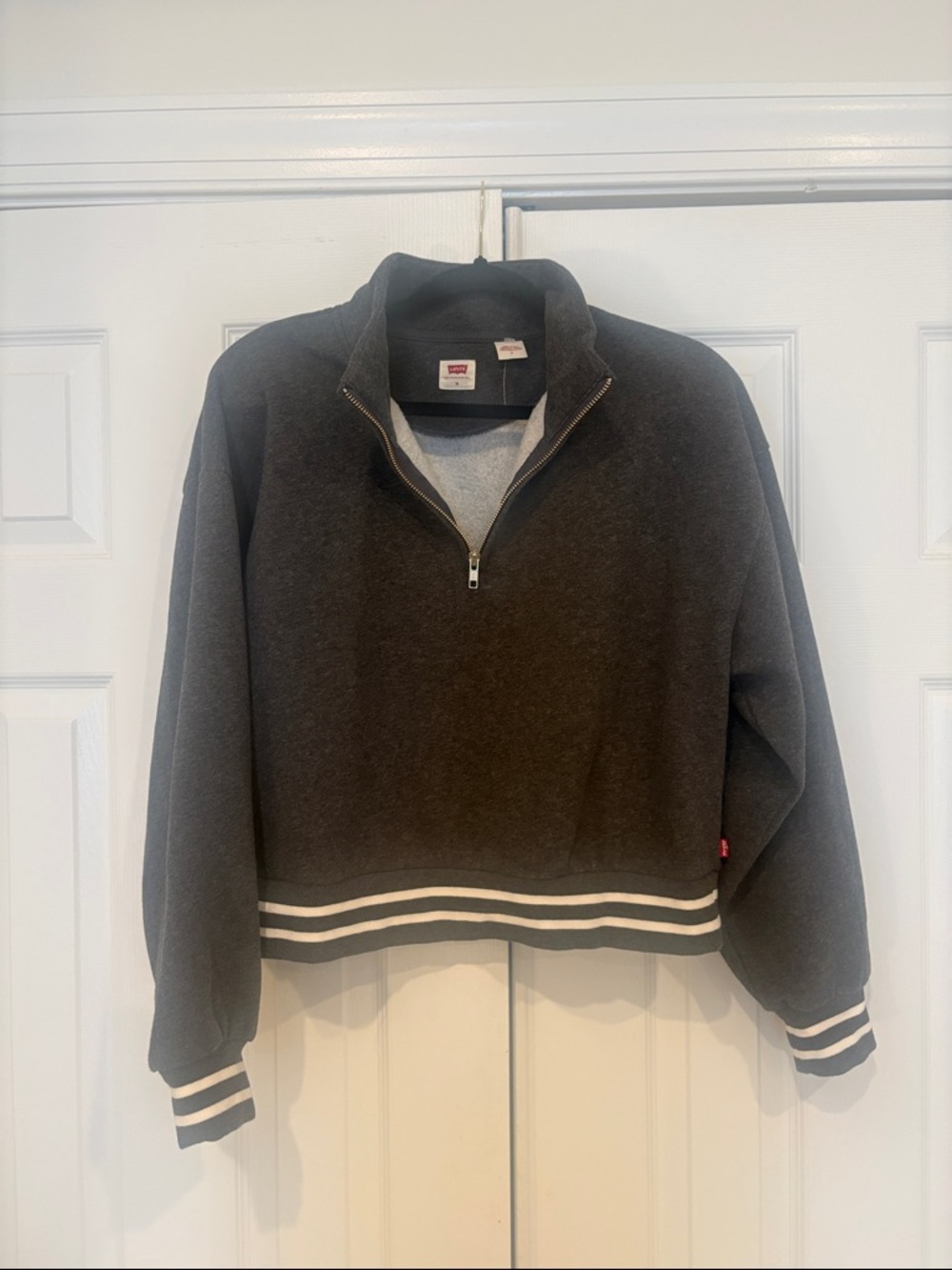 Levi's Dark Charcoal Half-Zip Cropped Sweatshirt with Striped Trim